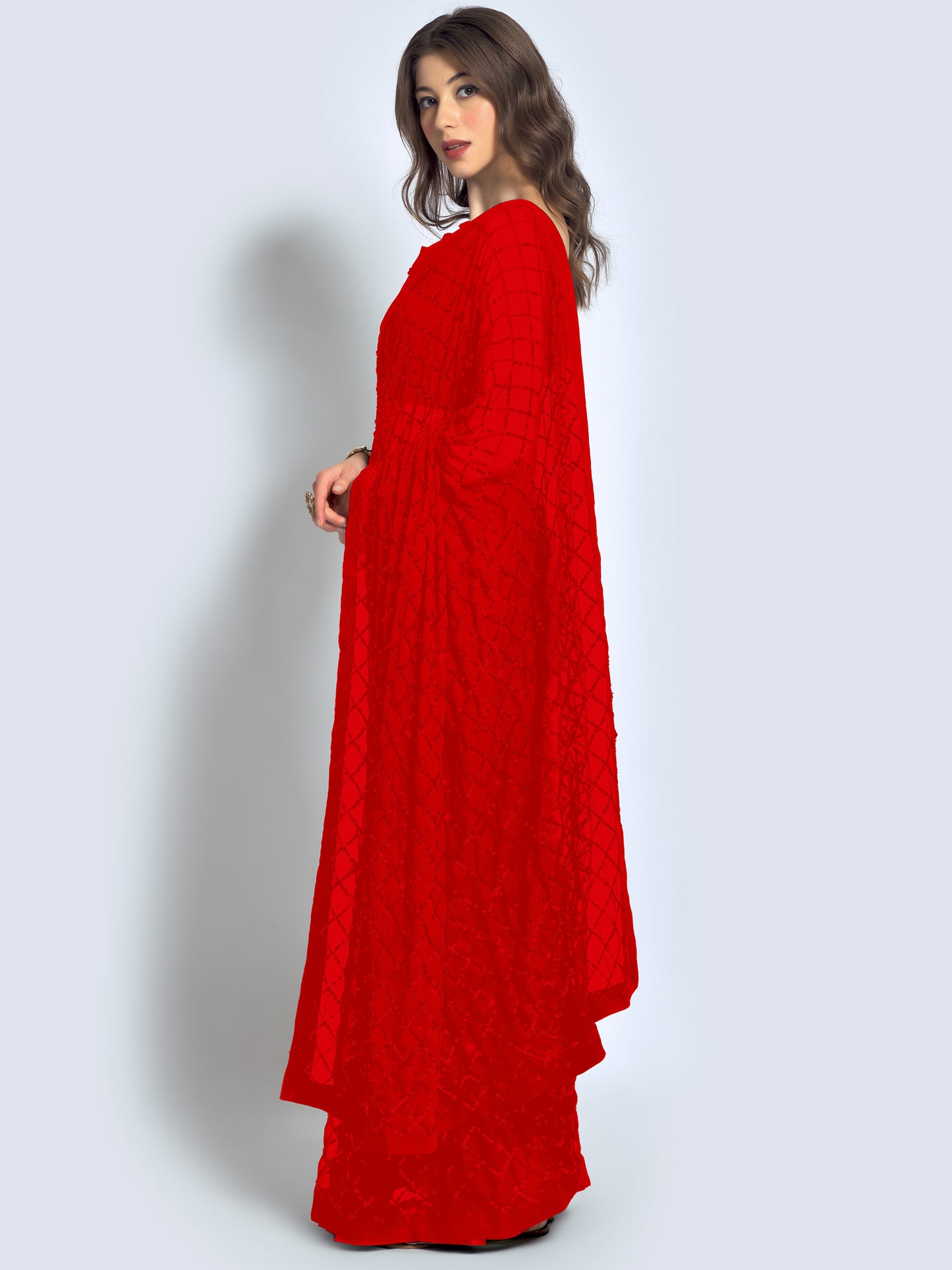 Women's Georgette Red Embellished Designer Saree With Blouse Piece