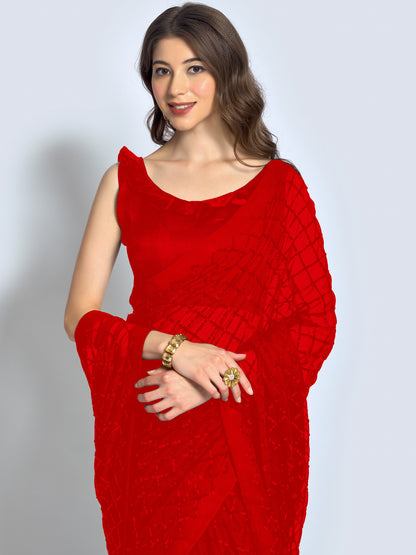 Women's Georgette Red Embellished Designer Saree With Blouse Piece