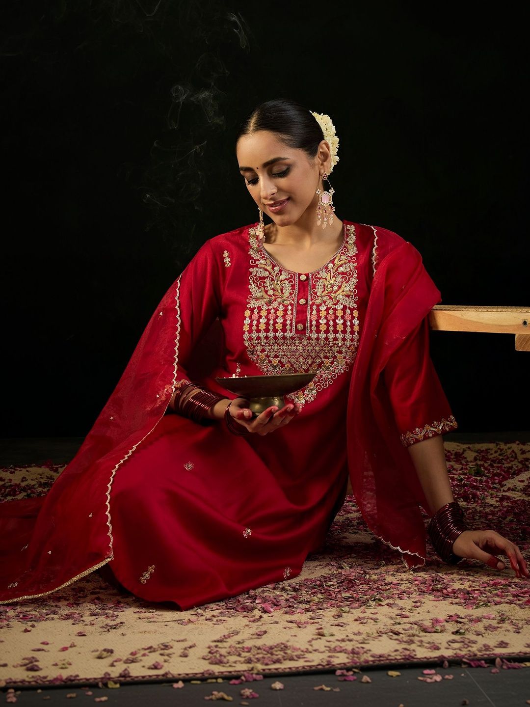 Women Ethnic Motifs Embroidered Regular Sequinned Liva Kurta with Trousers & With Dupatta