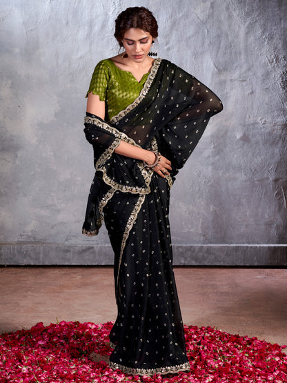 Women's Chiffon Black Embellished Designer Saree With Blouse Piece