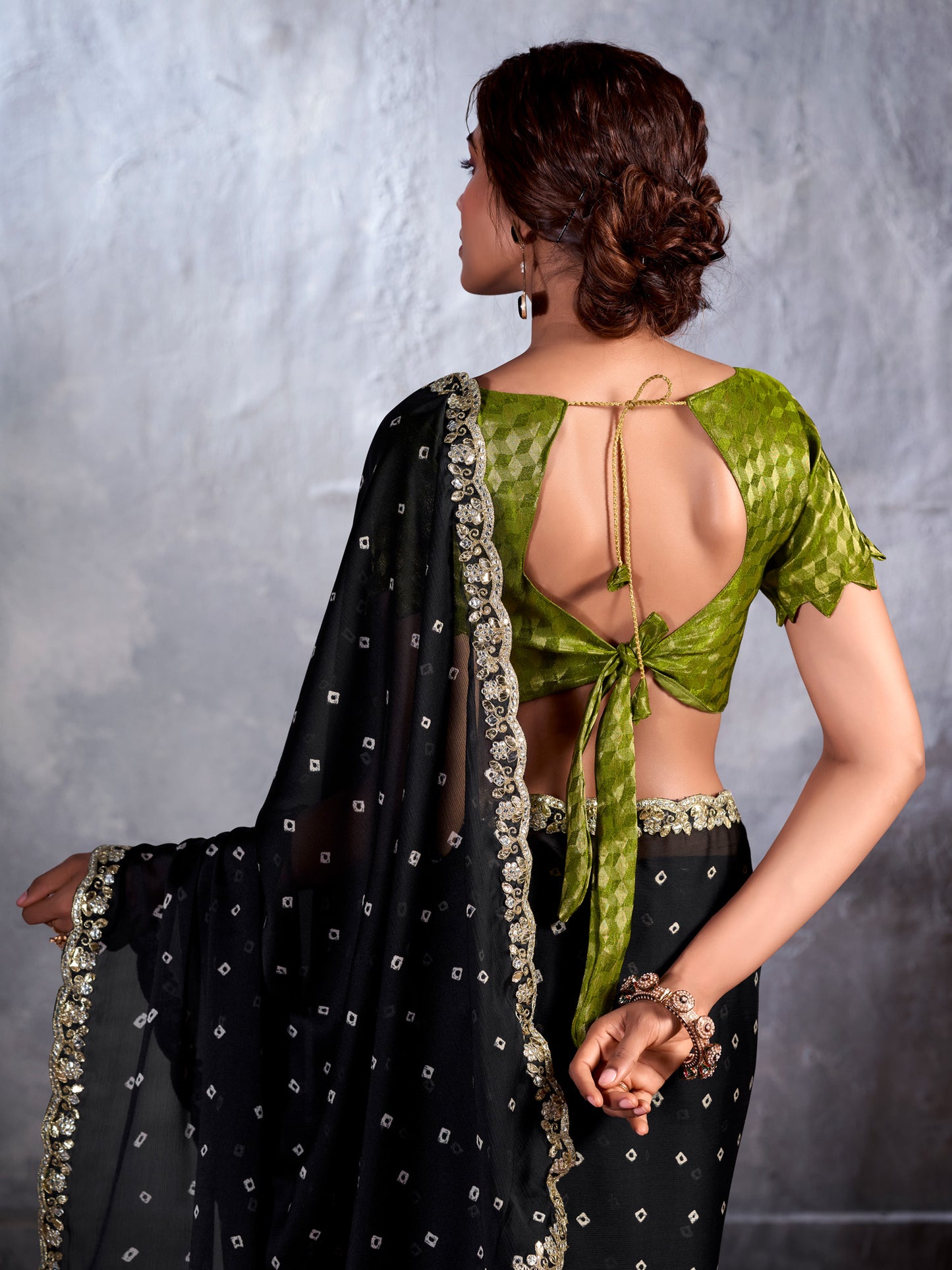 Women's Chiffon Black Embellished Designer Saree With Blouse Piece