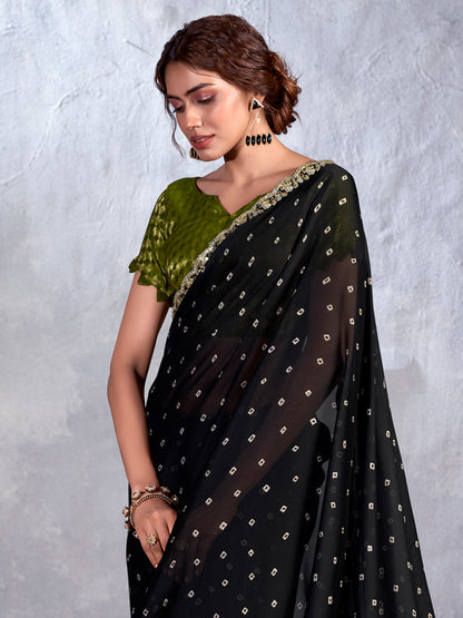 Women's Chiffon Black Embellished Designer Saree With Blouse Piece