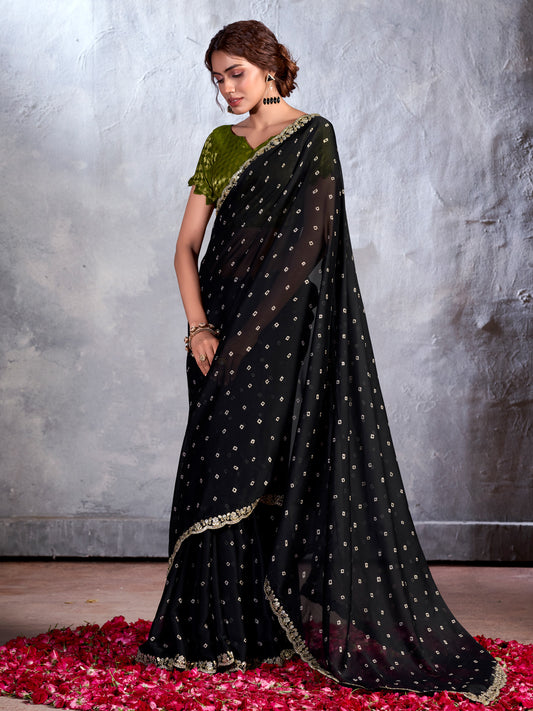 Women's Chiffon Black Embellished Designer Saree With Blouse Piece