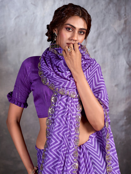 Women's Chiffon Purple Embellished Designer Saree With Blouse Piece