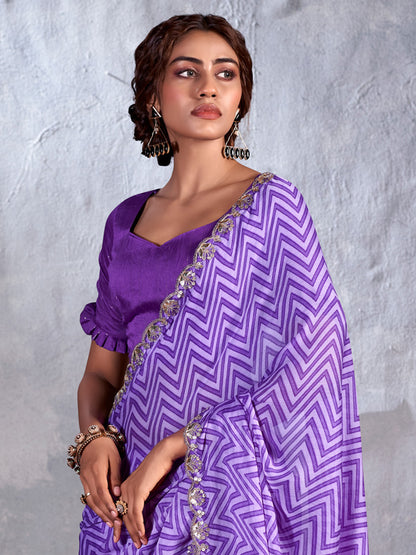 Women's Chiffon Purple Embellished Designer Saree With Blouse Piece