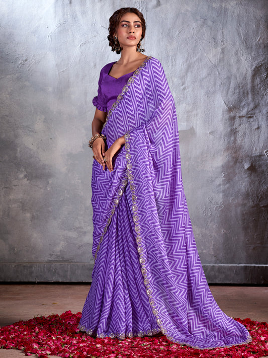 Women's Chiffon Purple Embellished Designer Saree With Blouse Piece