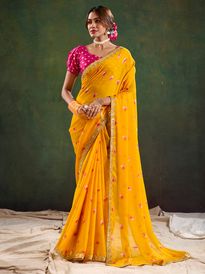 Women's Pure Chiffon Pink Embellished Designer Saree With Blouse Piece