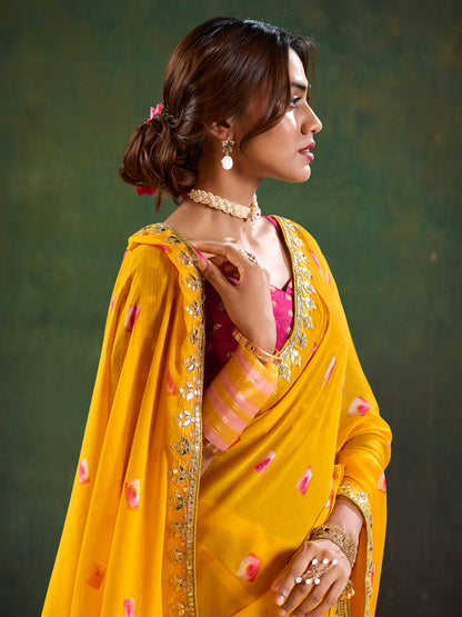 Women's Pure Chiffon Pink Embellished Designer Saree With Blouse Piece