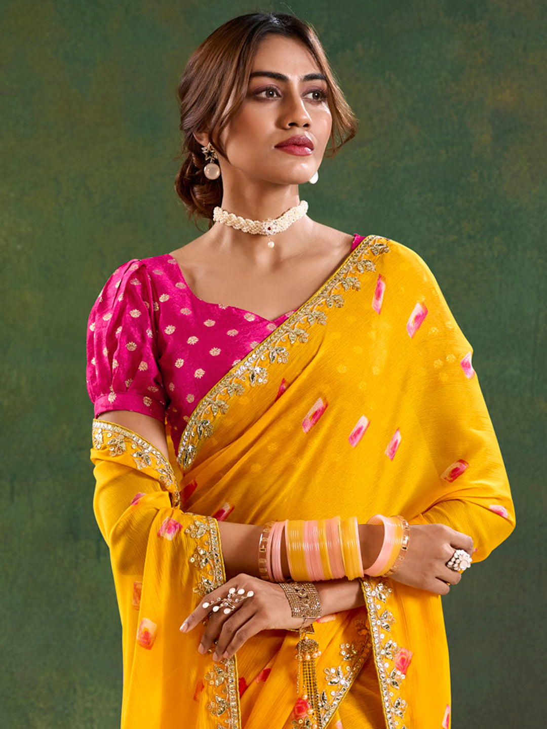 Women's Pure Chiffon Pink Embellished Designer Saree With Blouse Piece
