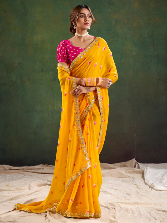Women's Pure Chiffon Pink Embellished Designer Saree With Blouse Piece