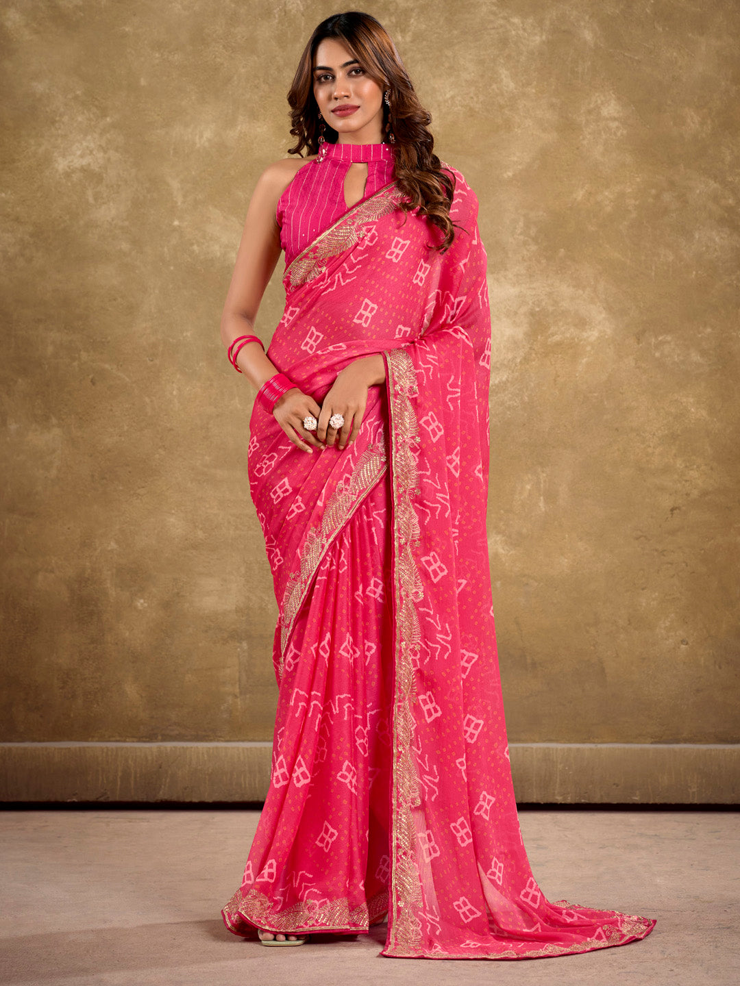 Women's Pure Chiffon Pink Embellished Designer Saree With Blouse Piece