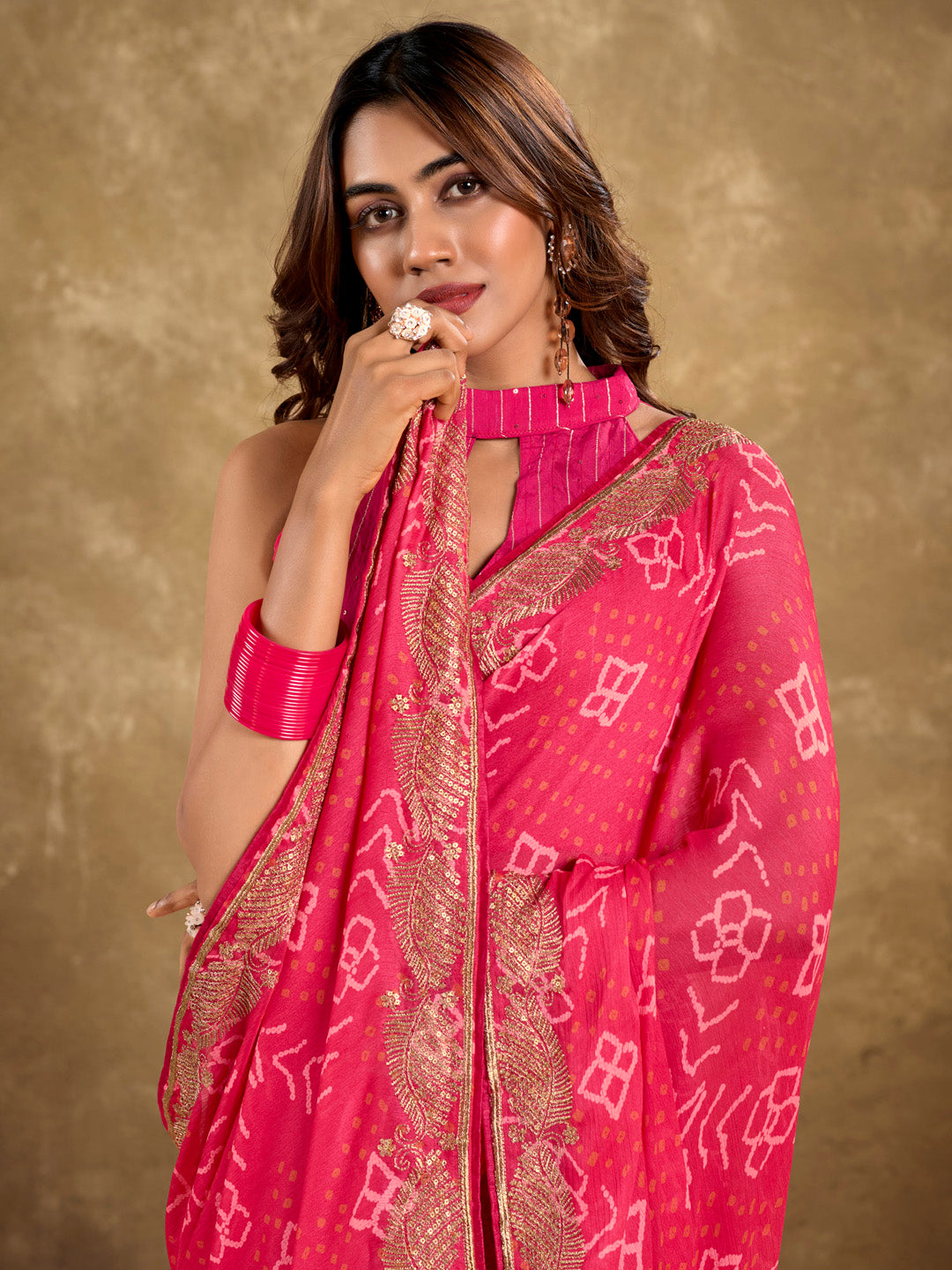 Women's Pure Chiffon Pink Embellished Designer Saree With Blouse Piece