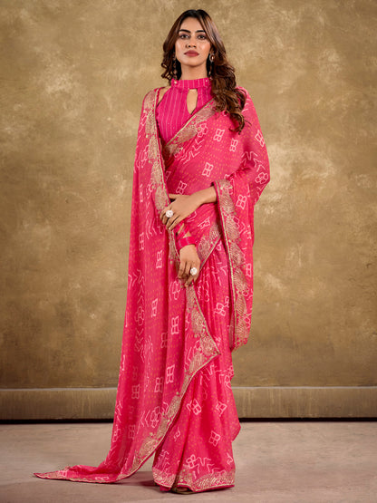 Women's Pure Chiffon Pink Embellished Designer Saree With Blouse Piece