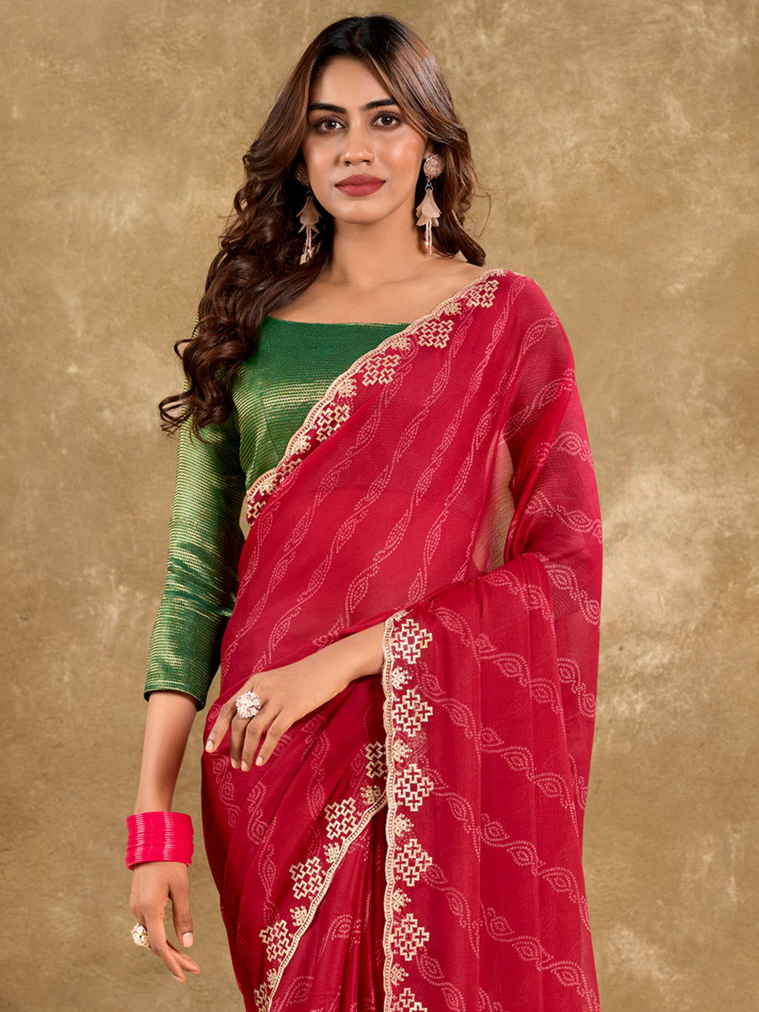 Women's Pure Chiffon Olive Embellished Designer Saree With Blouse Piece