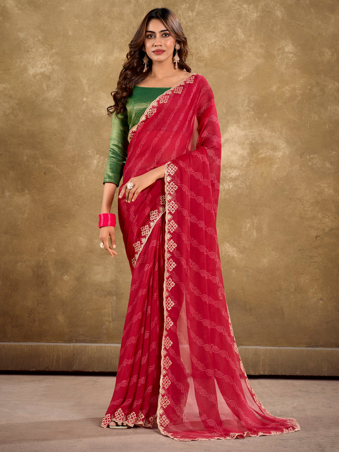 Women's Pure Chiffon Olive Embellished Designer Saree With Blouse Piece