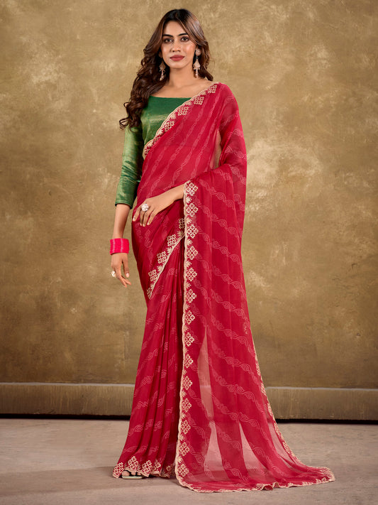 Women's Pure Chiffon Olive Embellished Designer Saree With Blouse Piece