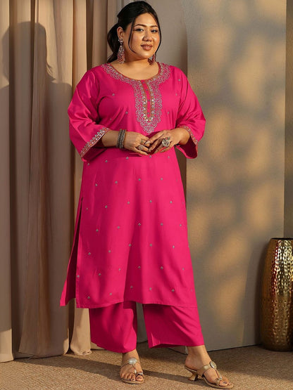 Dhiyona Women's Plus Size Ethnic Motifs Embroidered Kurta with Palazzo & Dupatta