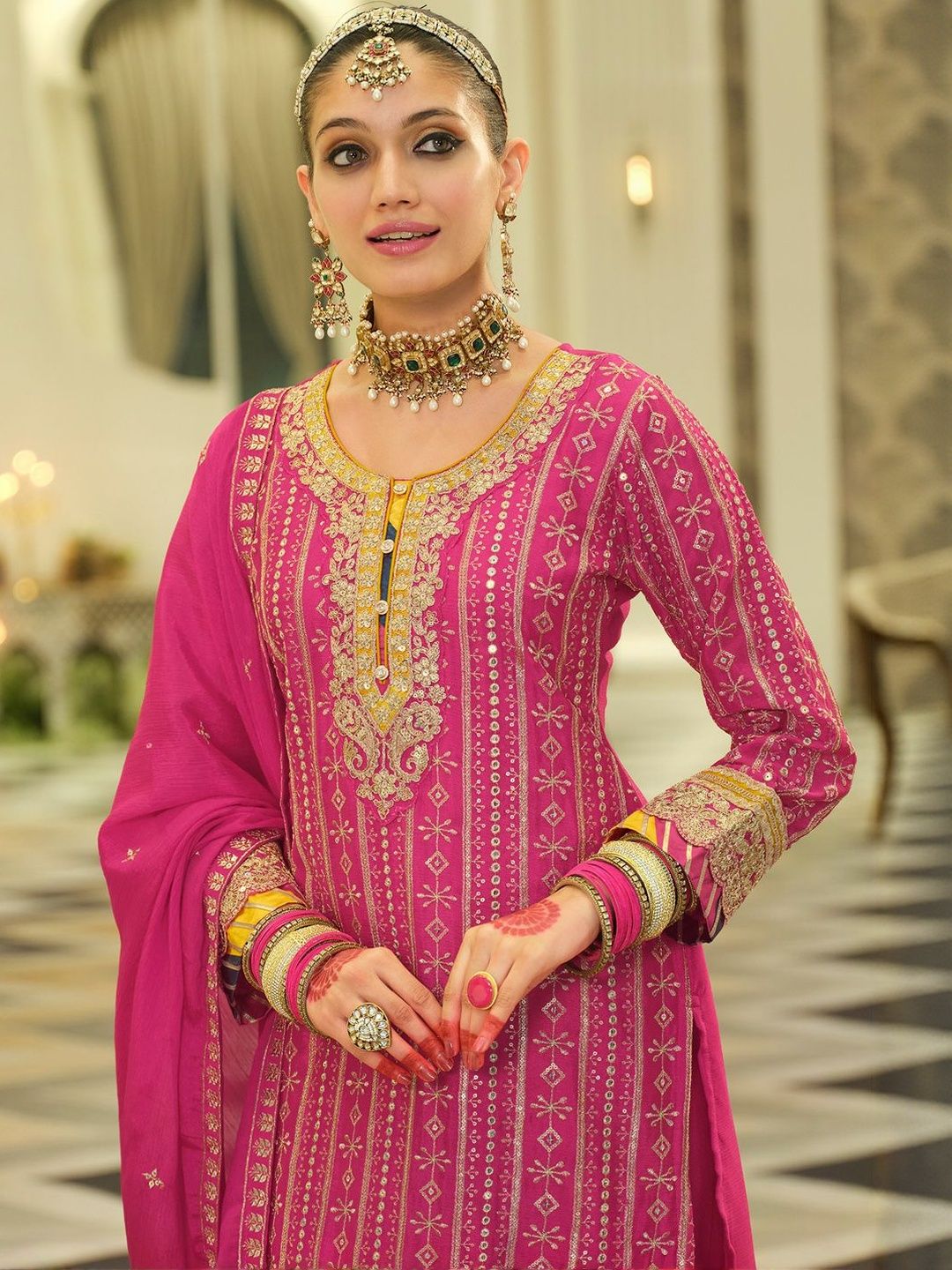 Dhiyona IE Women Ethnic Motifs Embroidered Regular Sequinned Kurta Set With Dupatta