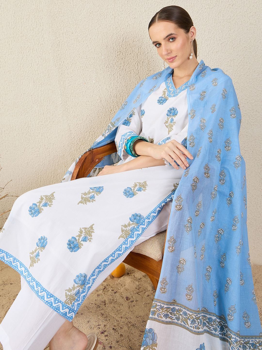 Floral Printed V-Neck Sequinned Pure Cotton Straight Kurta & Trouser With Dupatta