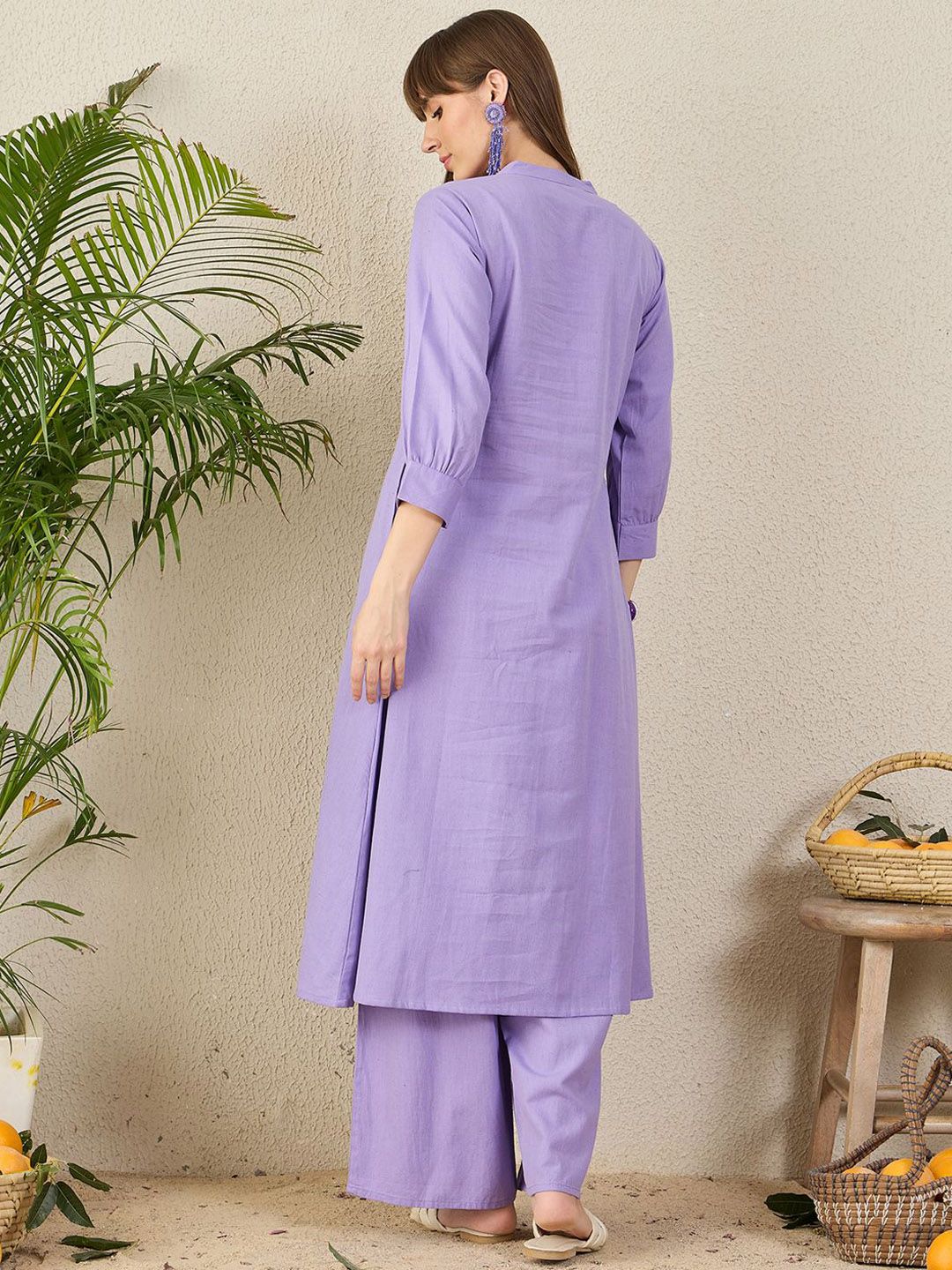 Dhiyona IE Floral Embroidered Mandarin Collar A-Line Tunic With Palazzos Co-Ords