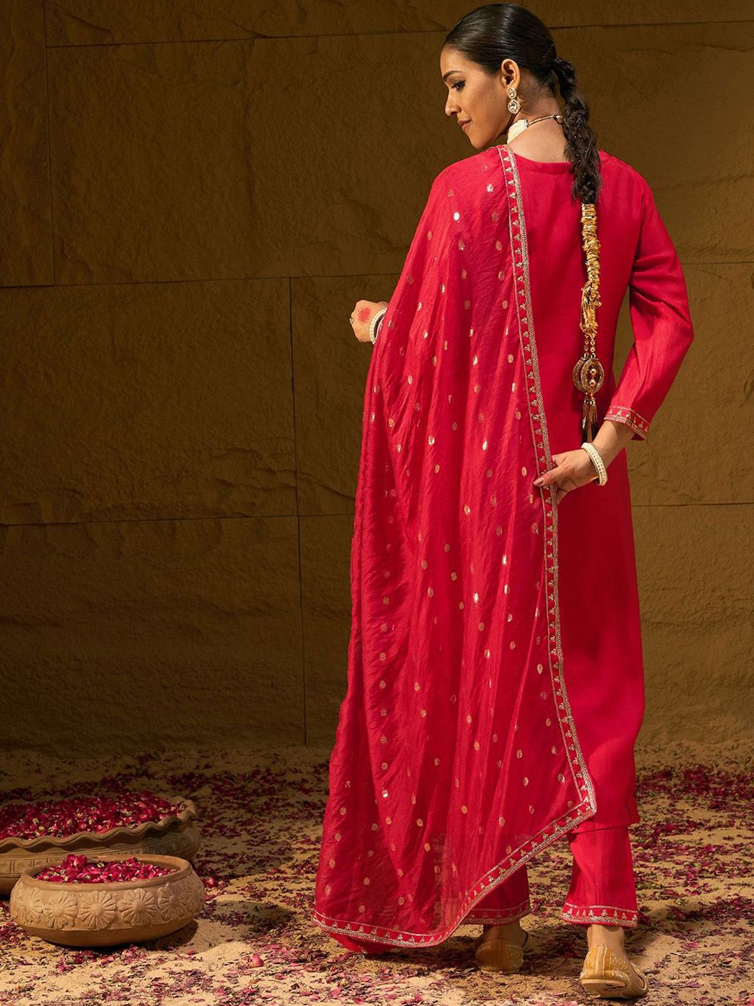 Ethnic Motifs Embroidered V-Neck Straight Kurta With Trousers & Dupatta