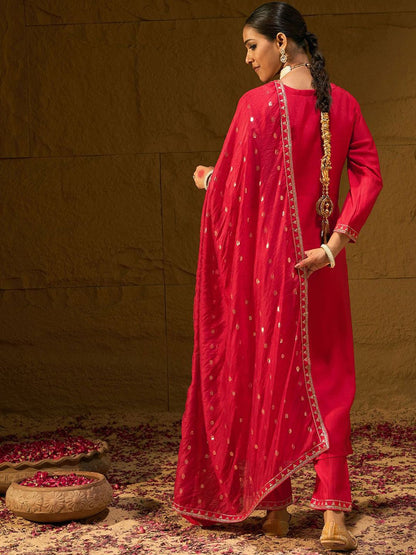 Ethnic Motifs Embroidered V-Neck Straight Kurta With Trousers & Dupatta