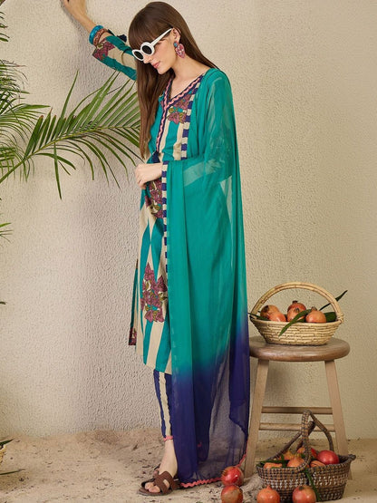 Women Floral Printed Regular Thread Work Pure Cotton Kurta with Trousers & With Dupatta