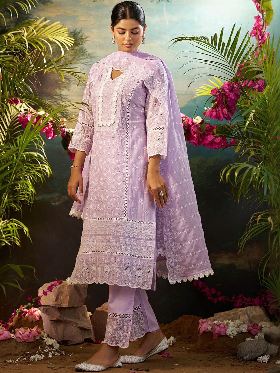 Women Ethnic Motifs Embroidered Cotton Kurta with Trousers & Dupatta