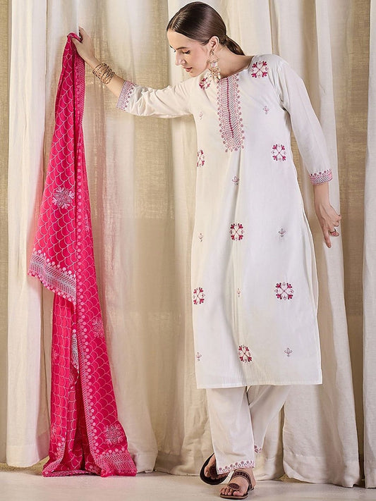 Women Ethnic Motifs Embroidered Regular Thread Work Pure Cotton Kurta with Trousers & With Dupatta