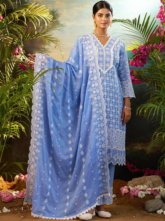 Ethnic Motifs Embroidered Chikankari Pure Cotton Kurta With Trousers & Dupatta