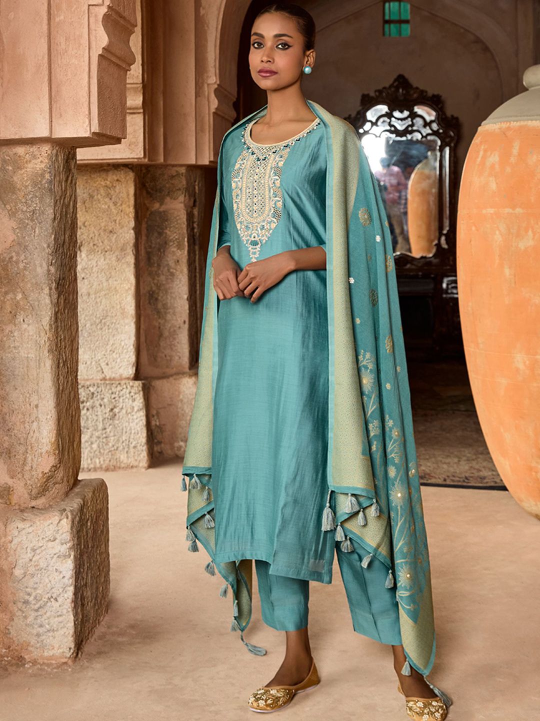 Dhiyona WP Women Embroidered Viscose Silk Suit Set