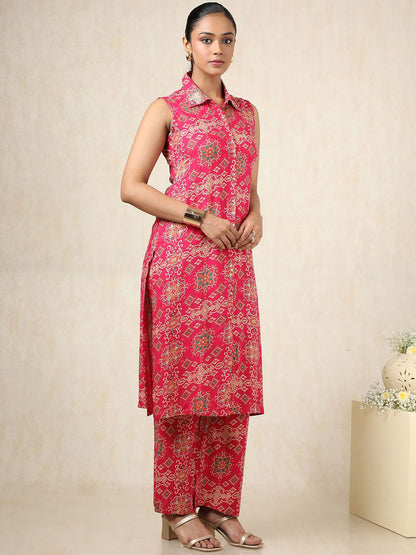 Dhiyona SO Women's Ethnic Motifs Printed Sleeveless Shirt Collar Straight Kurta With Palazzo