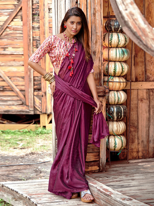 Women's Chiffon Purple Embellished Celebrity Saree With Blouse Piece