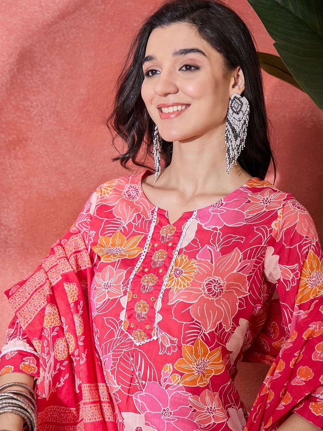 Dhiyona SN Women's Floral Printed Notch Neck Pure Cotton Straight Kurta With Trouser & Dupatta