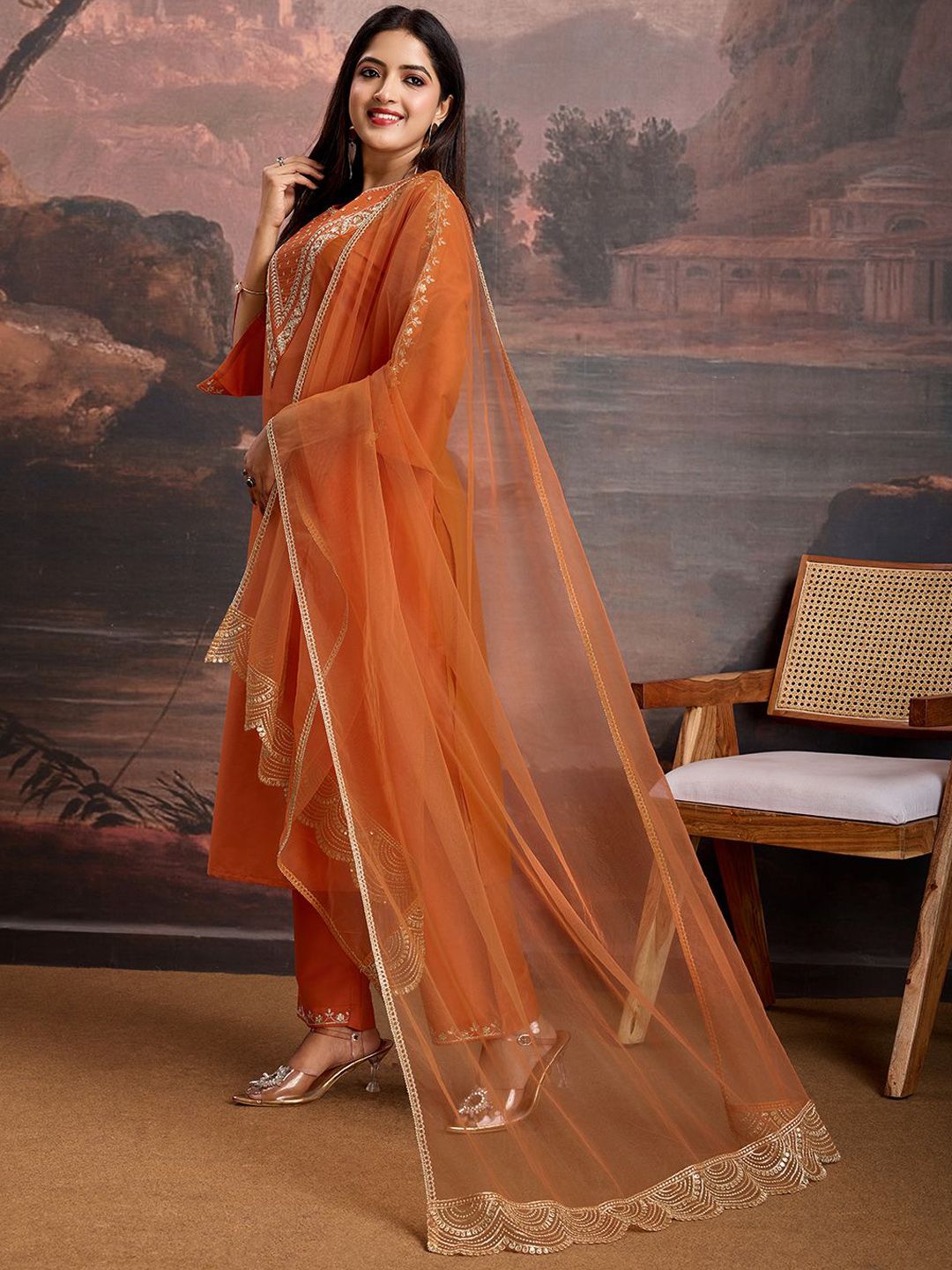 Dhiyona PD Women Embroidered Kurta & Trousers With Net Dupatta Set