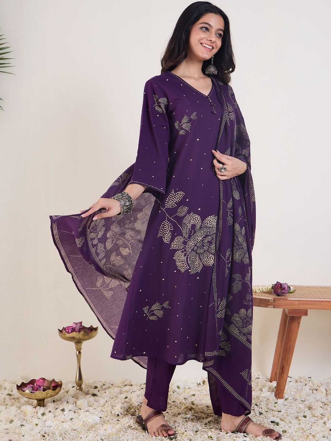 Floral Printed A-Line Pure Cotton Kurta With Trousers & Dupatta