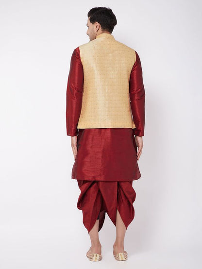 Men's Maroon Silk Blend Straight Jacket  Kurta and Dhoti Set