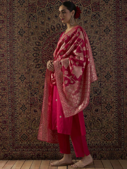 Ethnic Motifs Embroidered Straight Kurta With Trousers & Dupatta