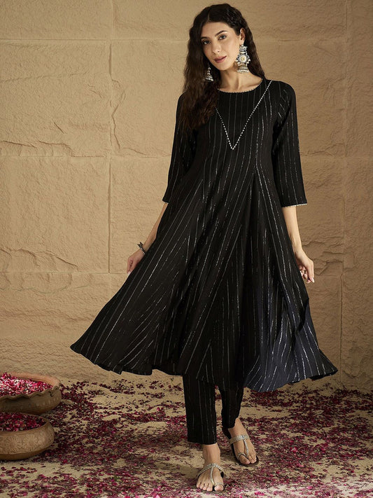 Dhiyona VA Women's Striped Round Neck Gotta Patti Silk Crepe Kurta with Trousers