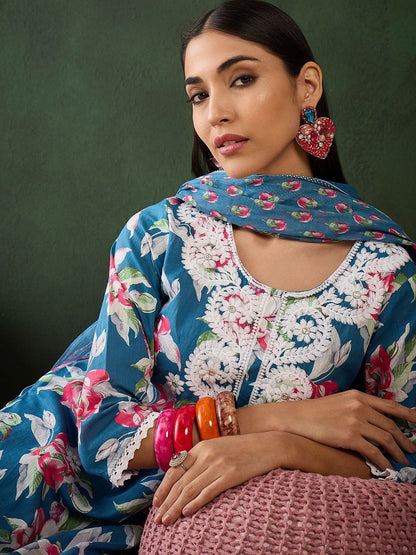 Dhiyona SN Women's Floral Embroidered Pure Cotton Straight Kurta With Trouser & Dupatta