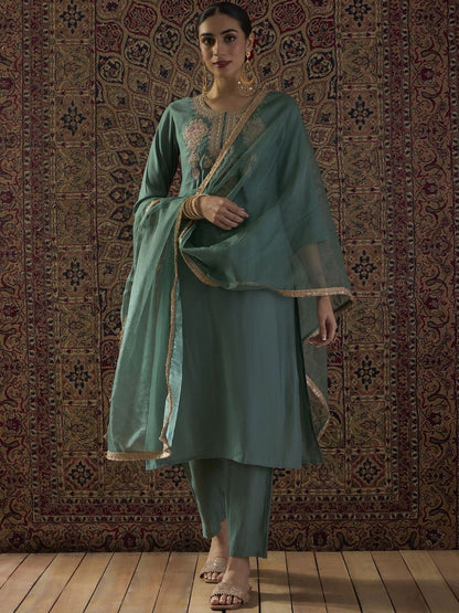 Ethnic Motifs Embroidered Regular Thread Work Kurta With Trousers & Dupatta