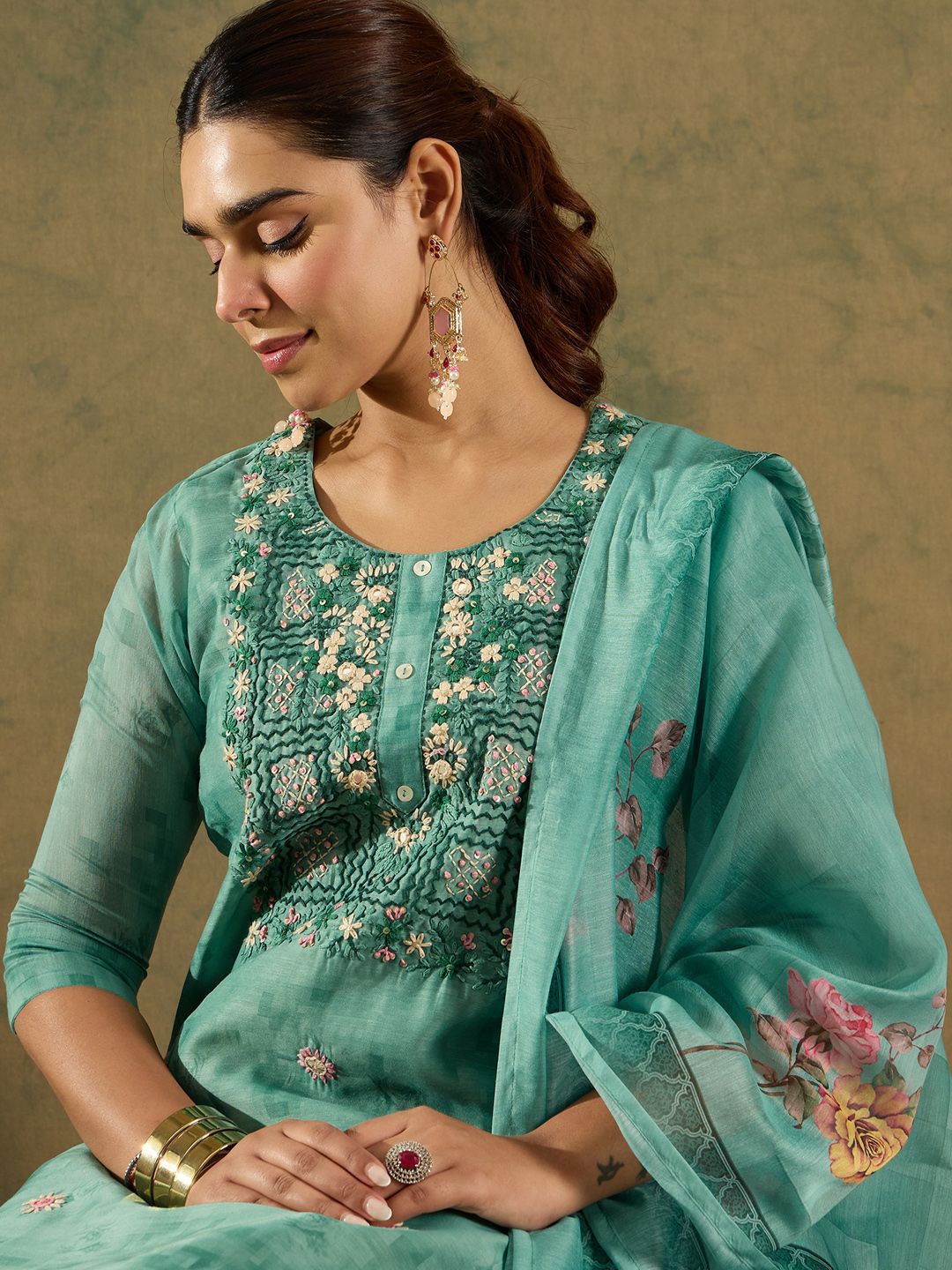 Floral Embroidered Thread Work Chanderi Silk Kurta with Trousers & Dupatta