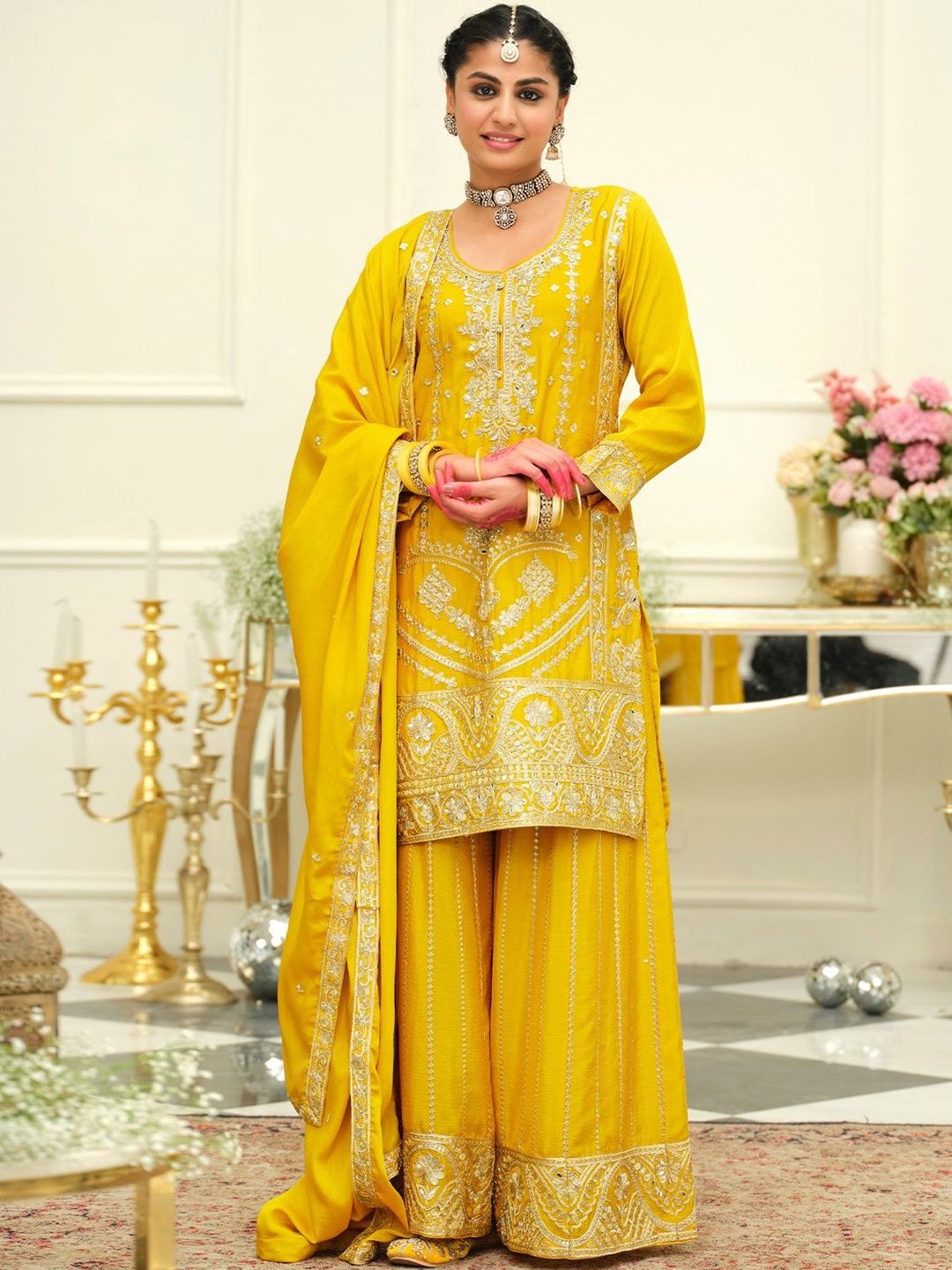 Dhiyona IE Women Ethnic Motifs Embroidered Kurta with Palazzos & Dupatta
