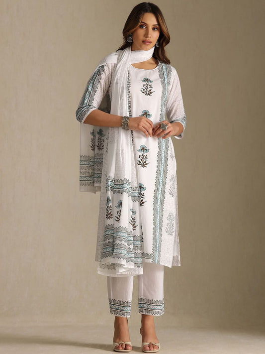 Dhiyona SO Women's Women Floral Printed Beads and Stones Kurta Trousers With Dupatta