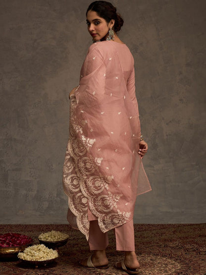 Floral Embroidered Thread Work Pure Cotton Straight Kurta & Trousers With Dupatta