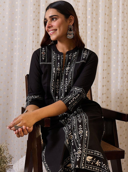 Ethnic Motifs Printed Mandarin Collar Pure Cotton Straight Kurta & Trousers