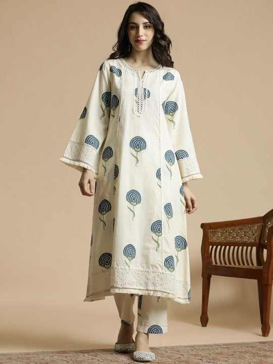 Women's Floral Printed Regular Mirror Work Pure Cotton A-Line Kurta with Palazzos