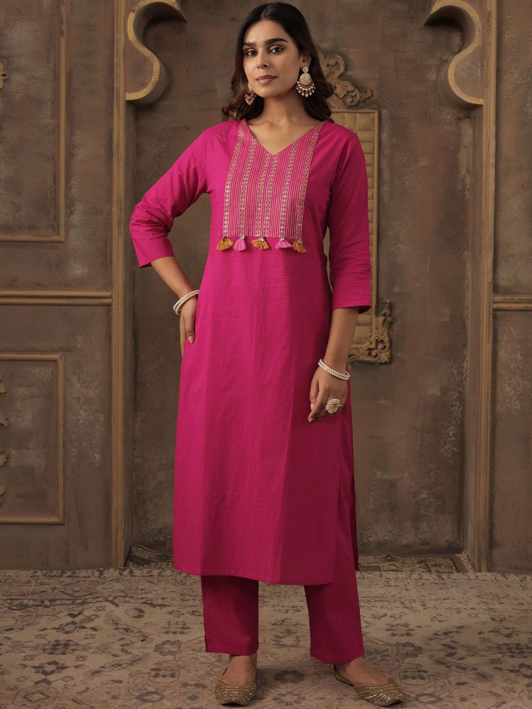 Ethnic Motifs Embroidered Thread Work Pure Cotton Kurta With Trousers & Dupatta