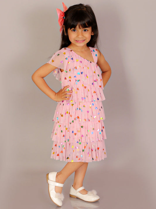 Glam up Girls Pink Tiered Pleating  Party Dress