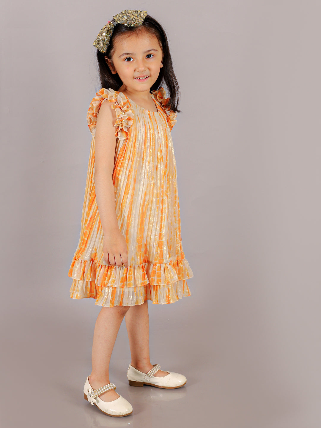Glam up Girls Peach Foil Print pleated Party Dress